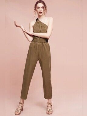 Anthropologie Maeve Verano Jumpsuit One Shoulder Olive Army Green Size US 6